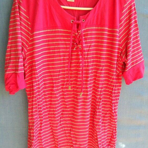 Liz Claiborne Women's Size XL Pink Gray Striped Top B2 - Picture 2 of 5